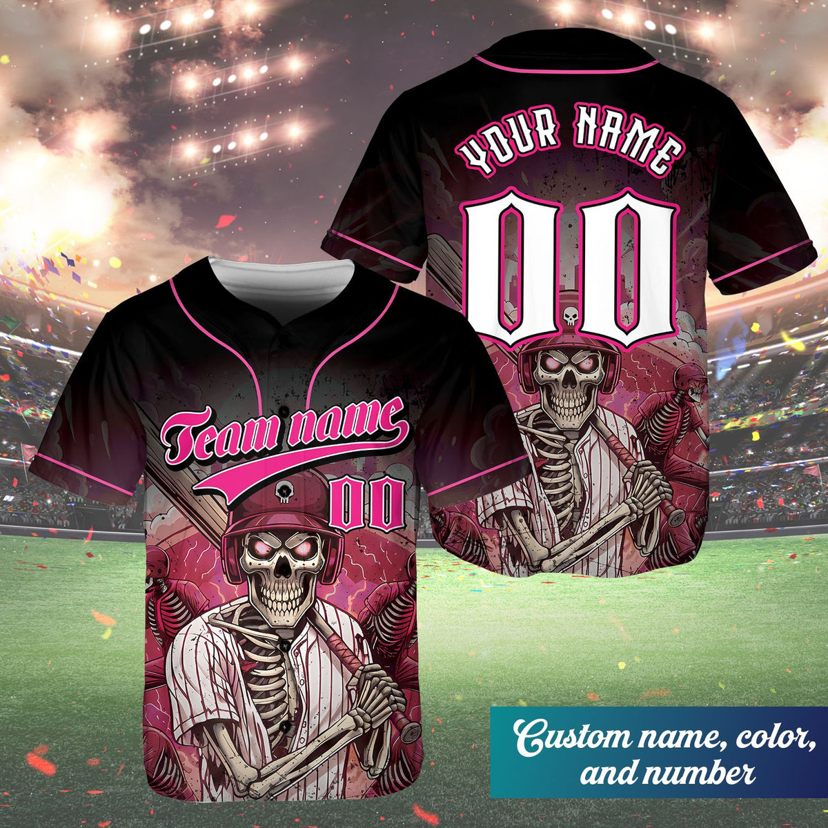 Detail of the team name customized across the chest of the skeleton jersey