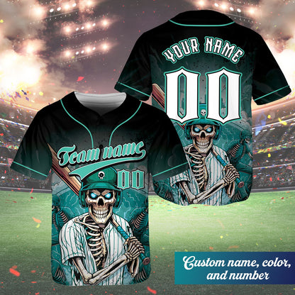 Full front view of the edgy black skeleton baseball jersey