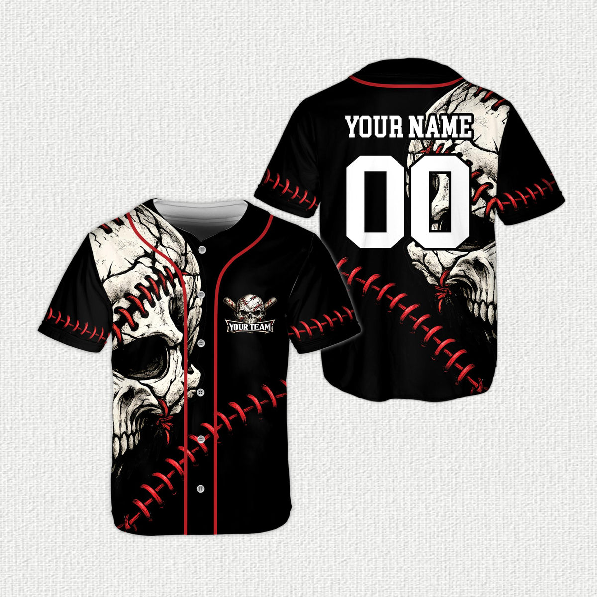 Front view of the personalized black skull baseball jersey with red stitching graphics