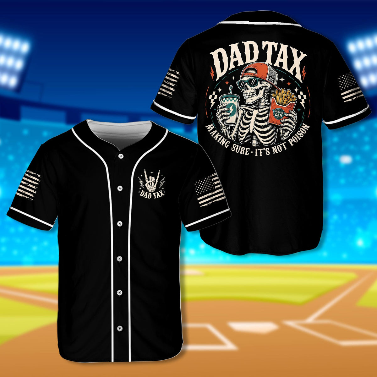 Black skull baseball jersey with Dad Tax design, front view
