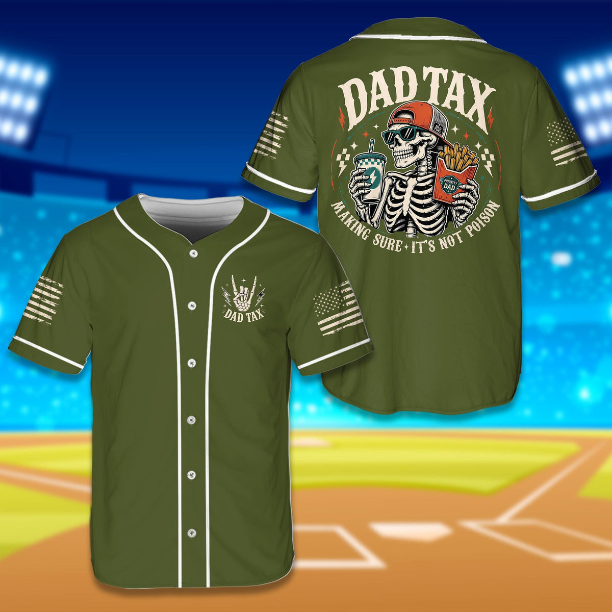 Green skull baseball jersey with Dad Tax design, front view