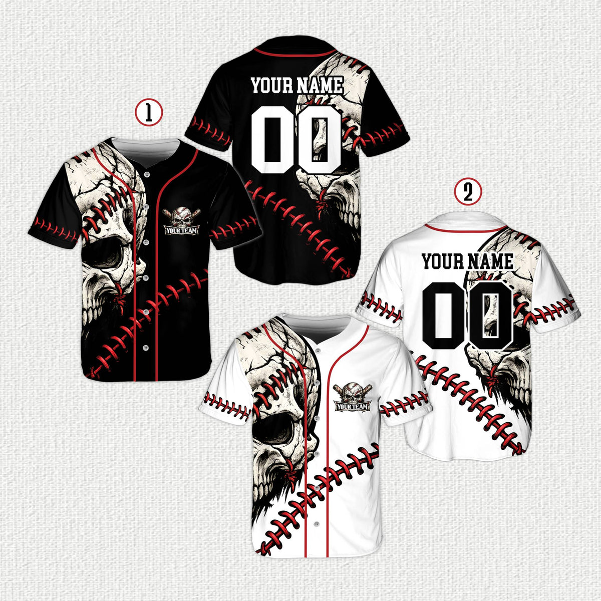 Front view of the multicolor custom name and number baseball jersey with skull design