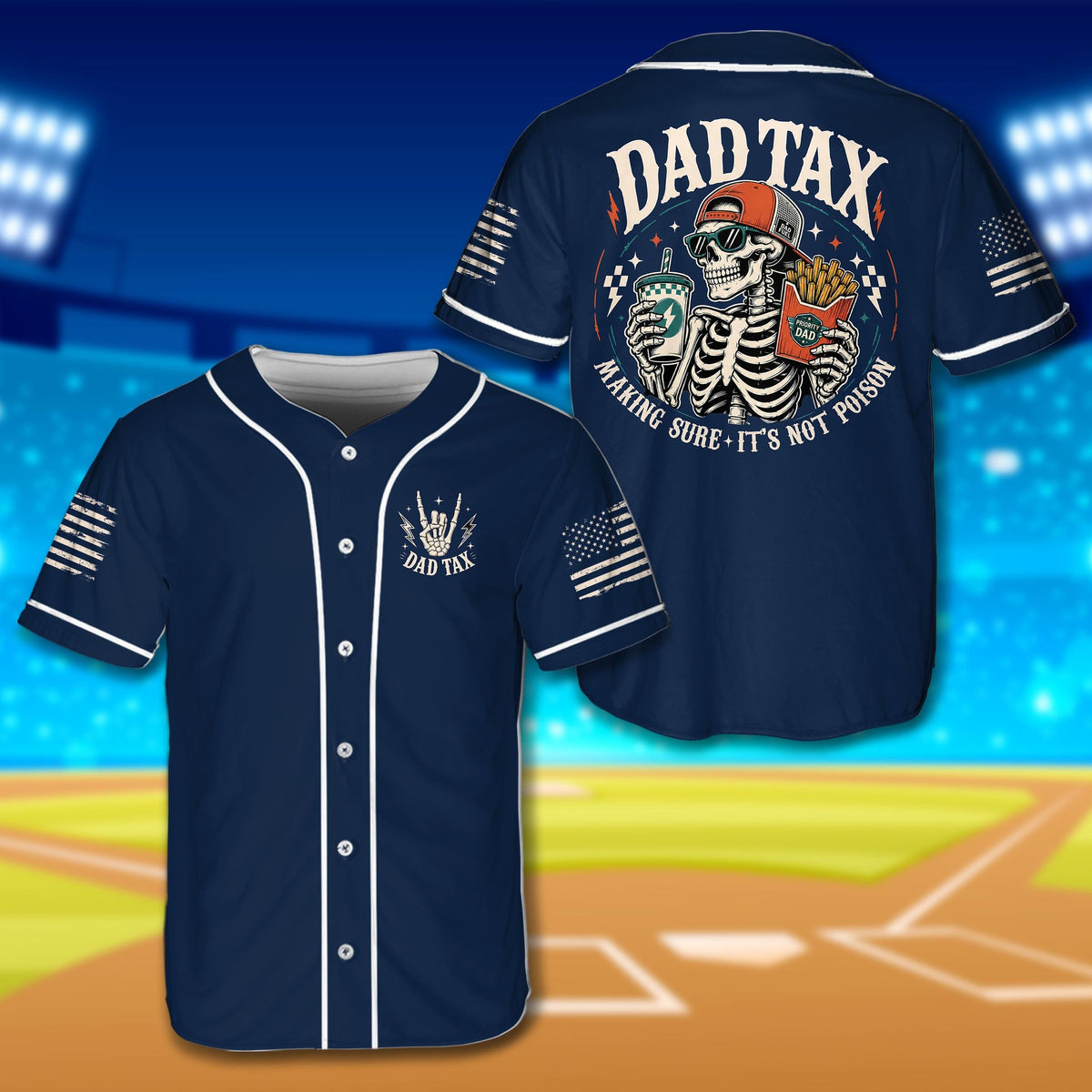 Navy skull baseball jersey with Dad Tax design, front view
