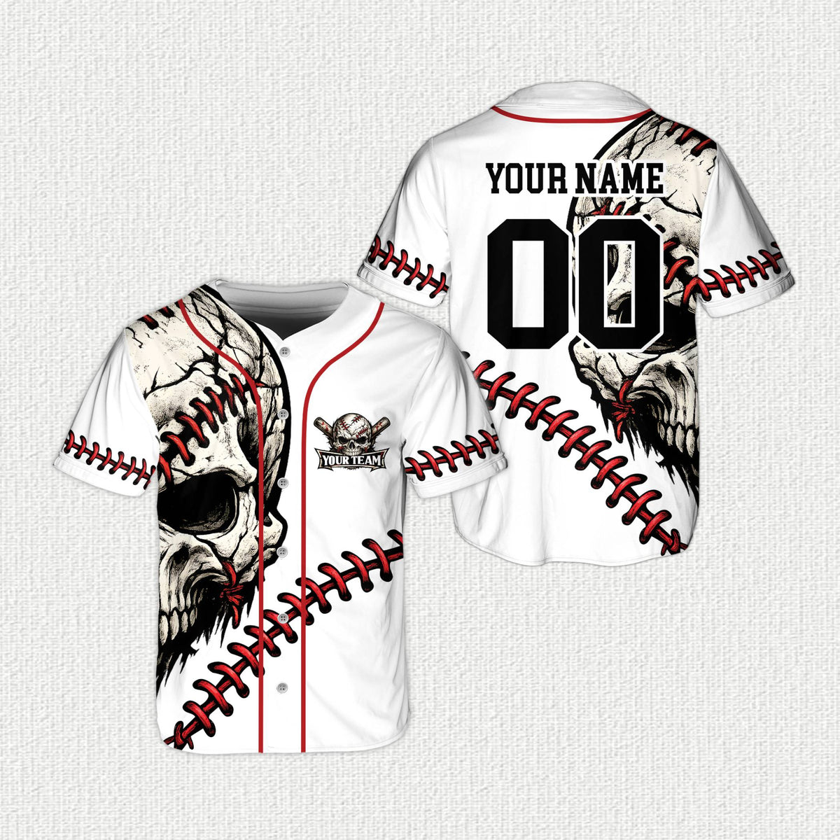 Front view of the white personalized skull baseball jersey featuring crossed bats logo