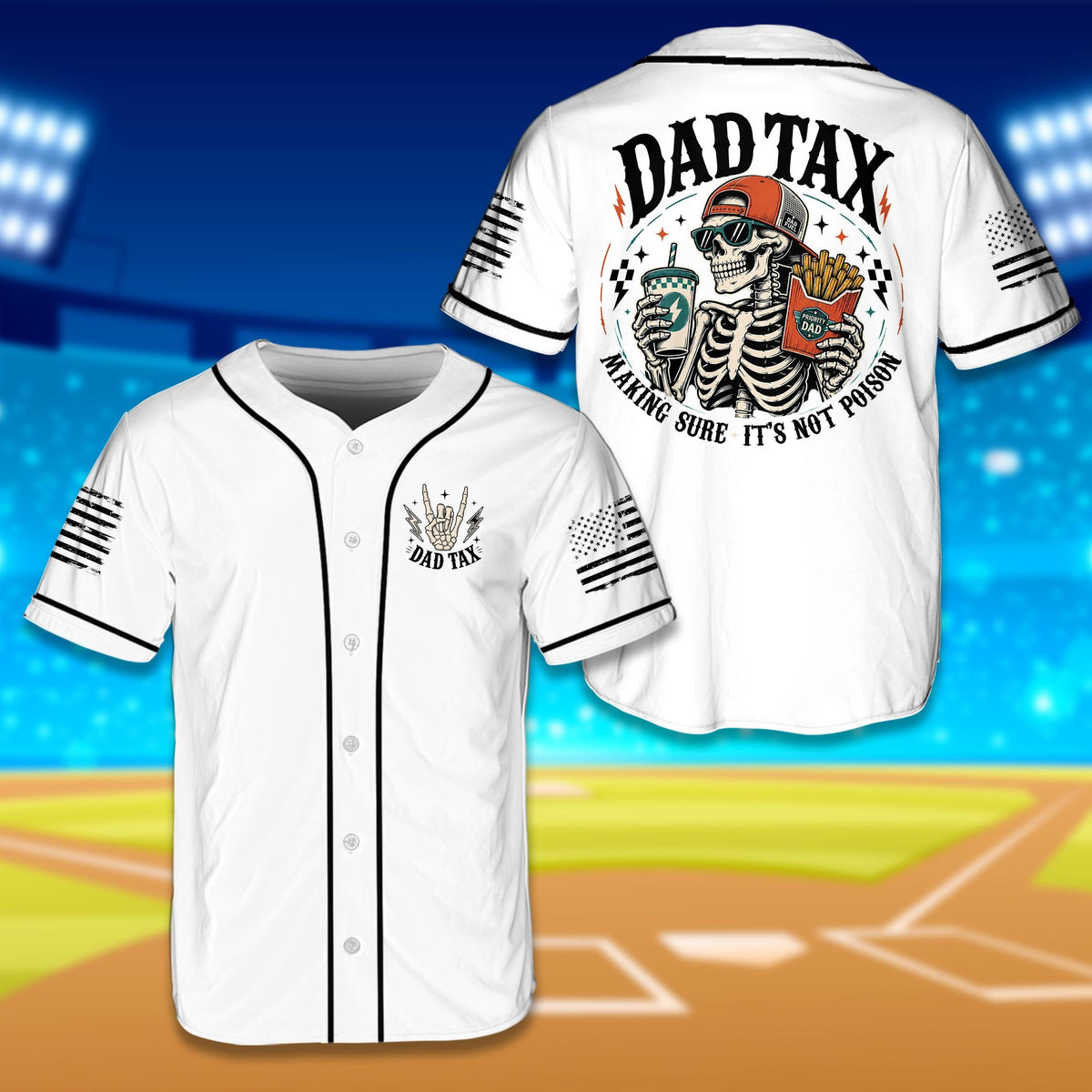 White skull baseball jersey with Dad Tax design, front view