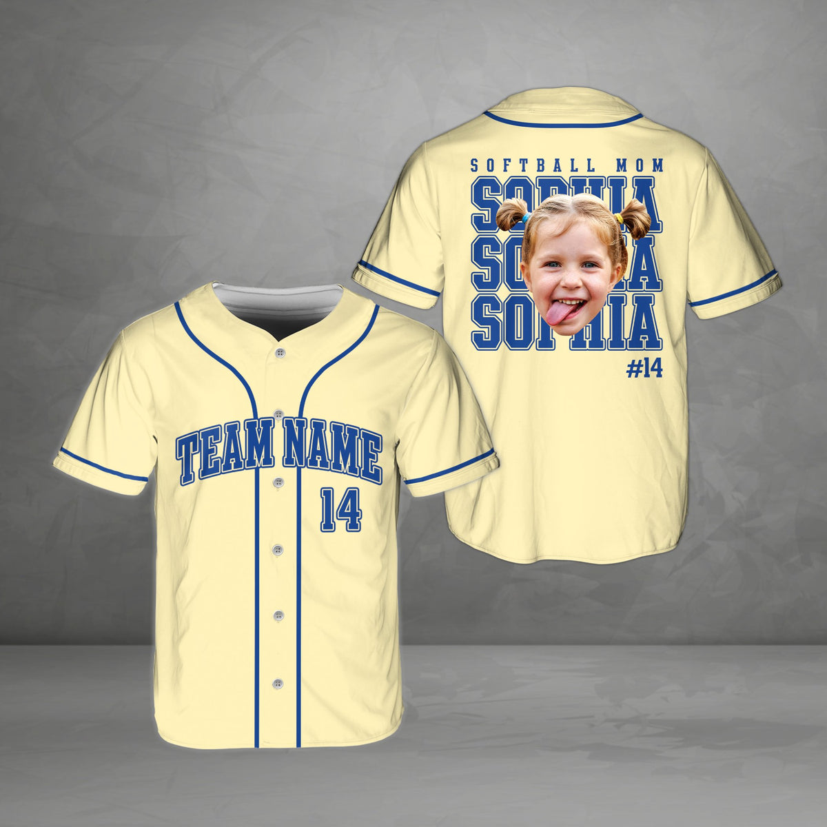 Personalized softball mom baseball jersey in beige, front view
