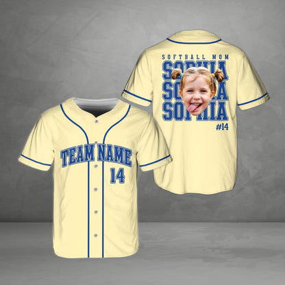 Personalized softball mom baseball jersey in beige, front view