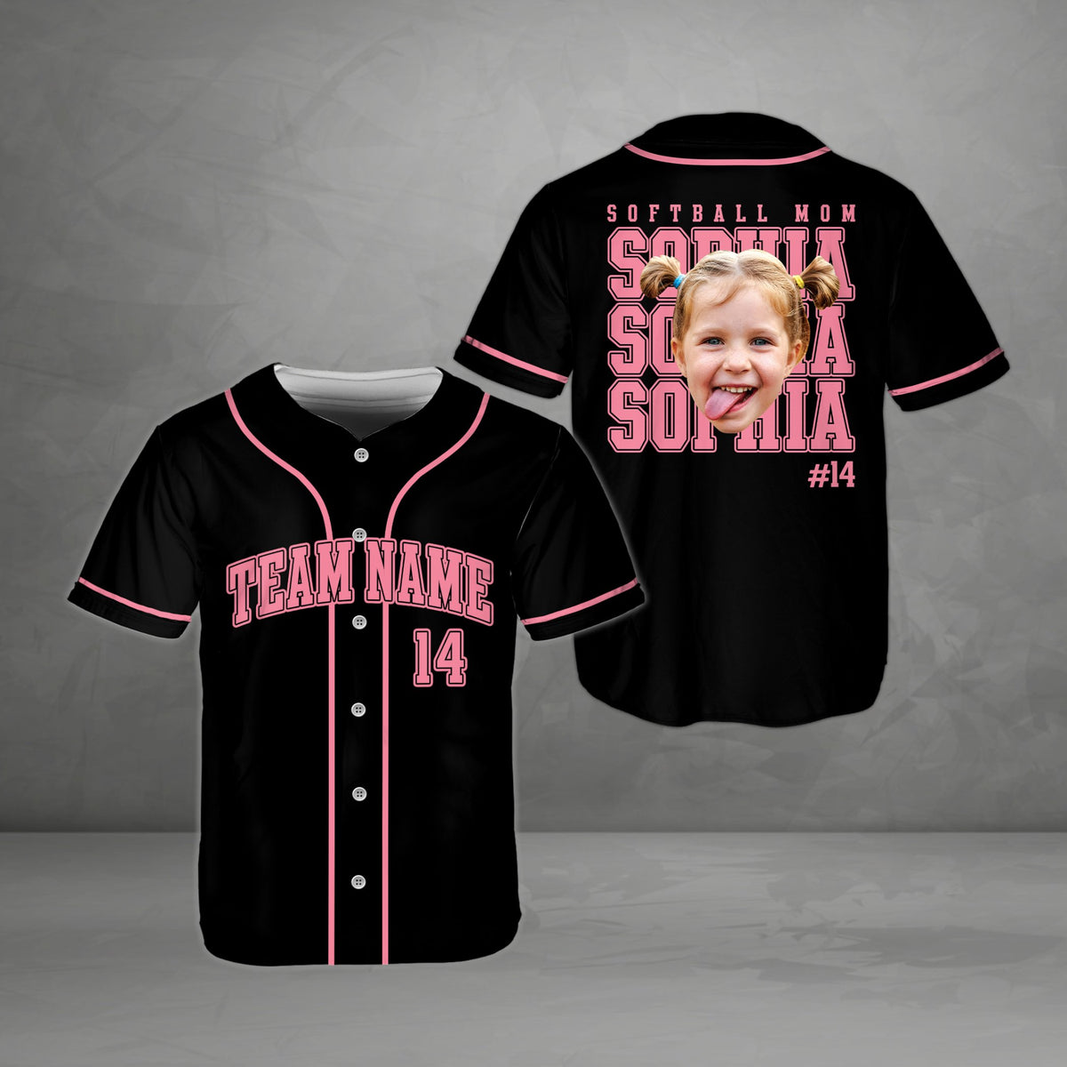 Personalized softball mom baseball jersey in black with custom photo and name, main view