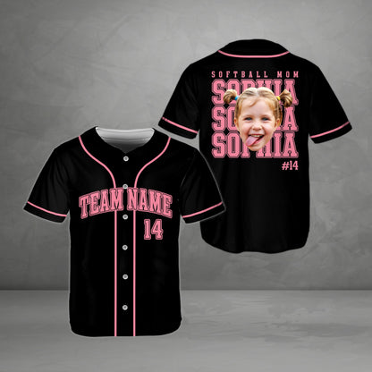 Personalized softball mom baseball jersey in black with custom photo and name, main view