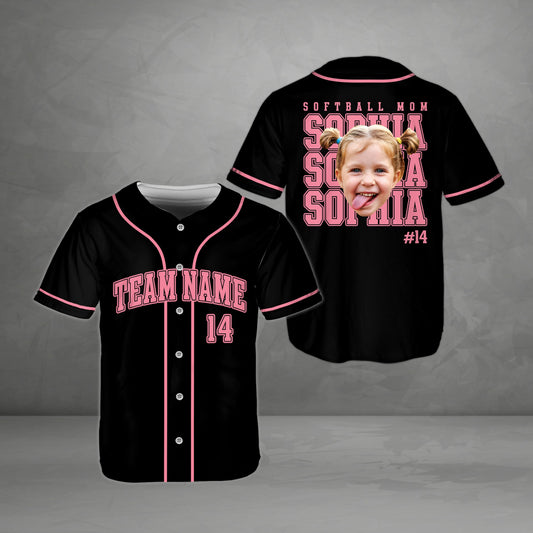 Personalized softball mom baseball jersey in black with custom photo and name, main view