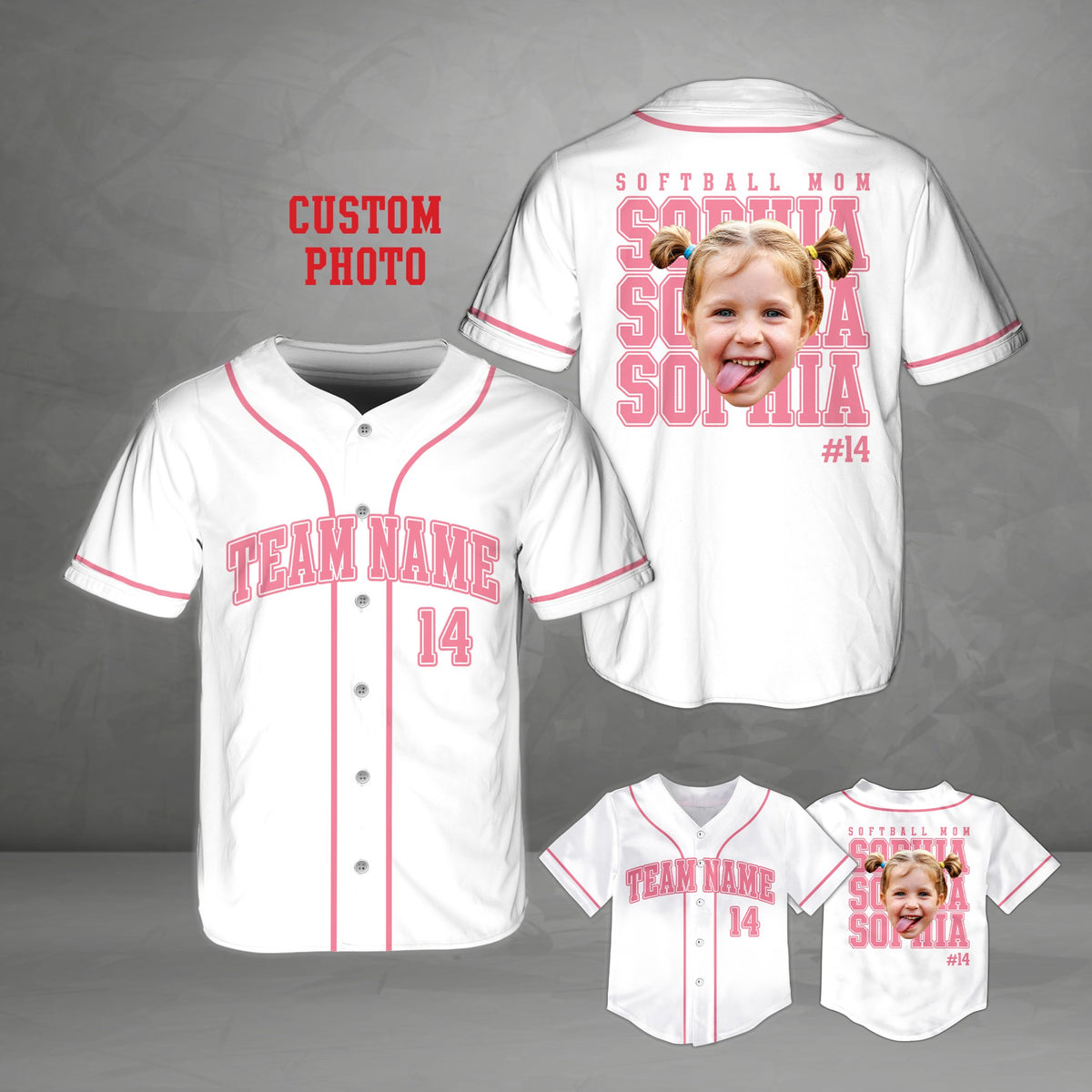Personalized softball mom baseball jersey in white, front view