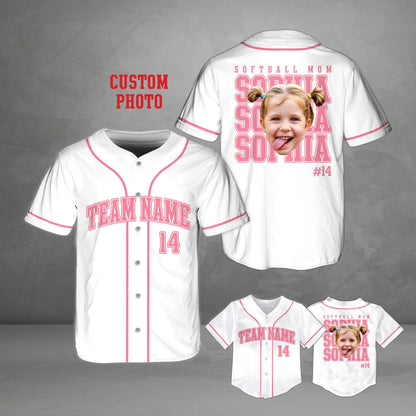 Personalized softball mom baseball jersey in white, front view