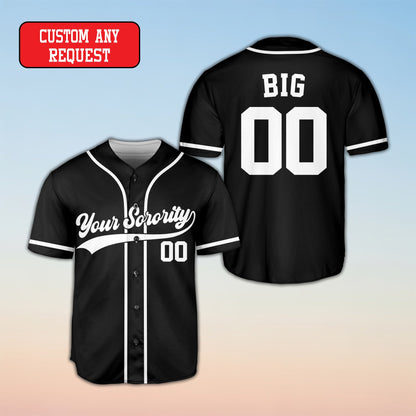 Black personalized sorority baseball jersey front view