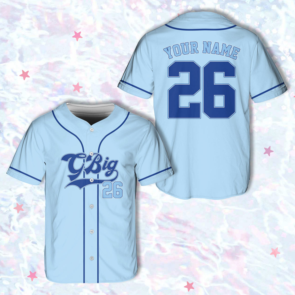 Light blue custom baseball jersey with sorority text design
