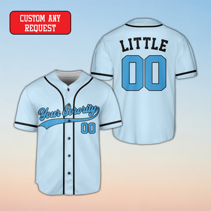 Blue custom sorority baseball jersey front view