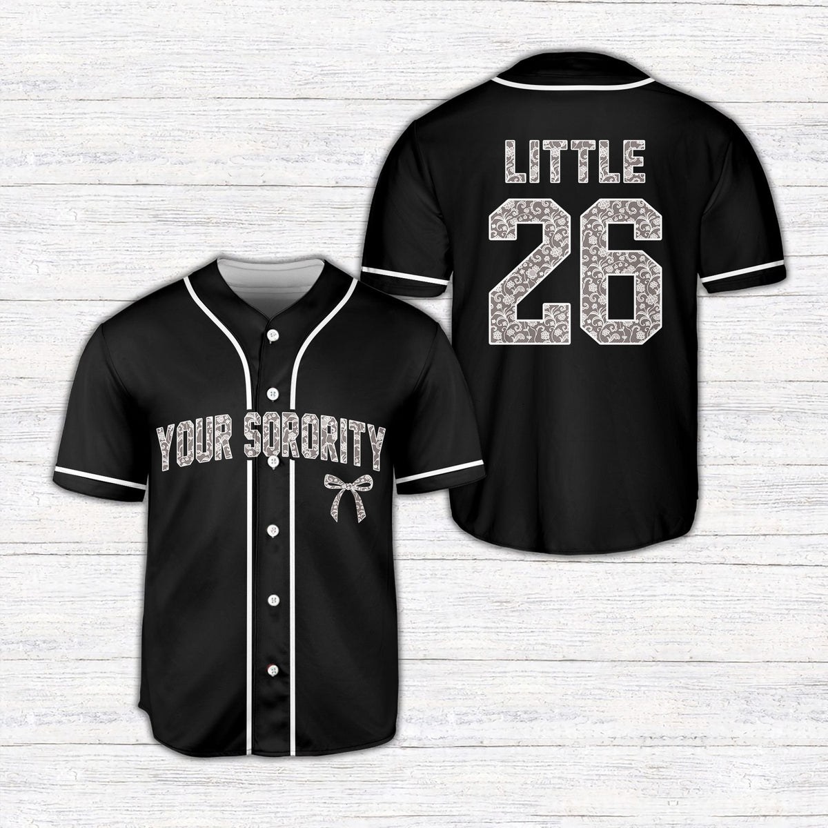 Green personalized sorority baseball jersey with custom name and number, front view