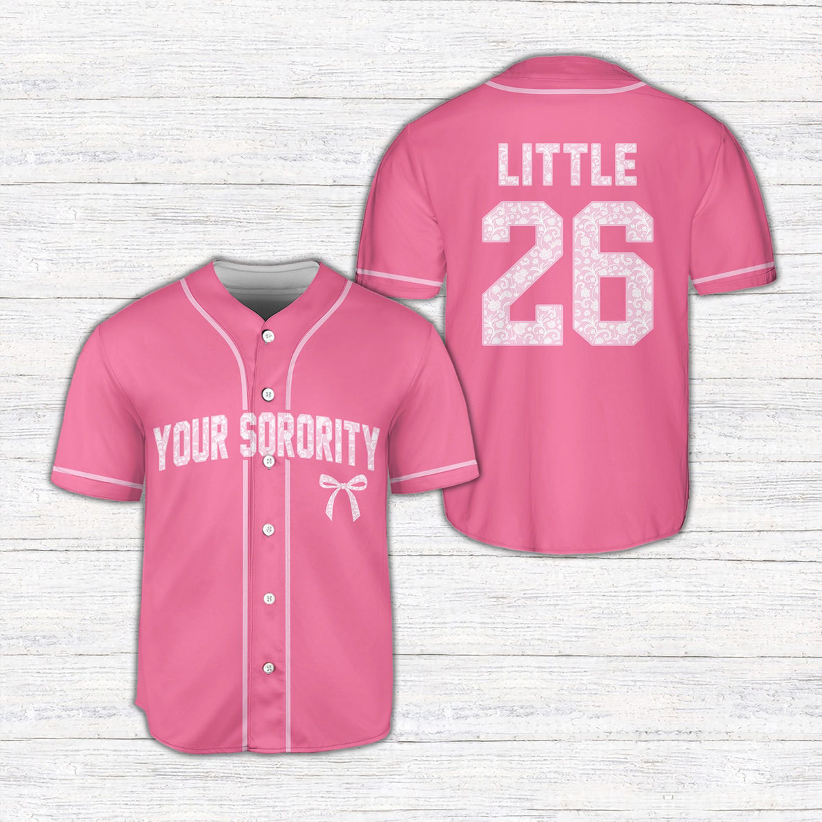 Light pink personalized sorority baseball jersey with custom name and number, front view