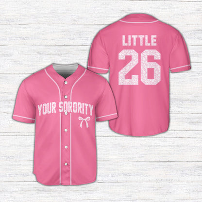 Light pink personalized sorority baseball jersey with custom name and number, front view