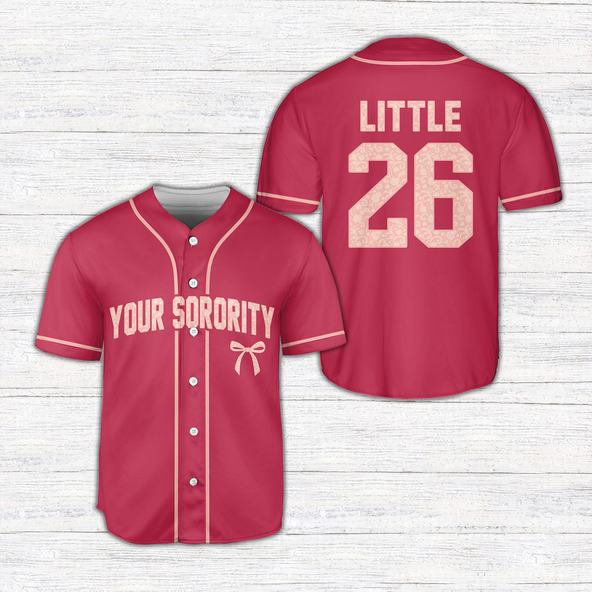 Hot pink personalized sorority baseball jersey with custom name and number, front view