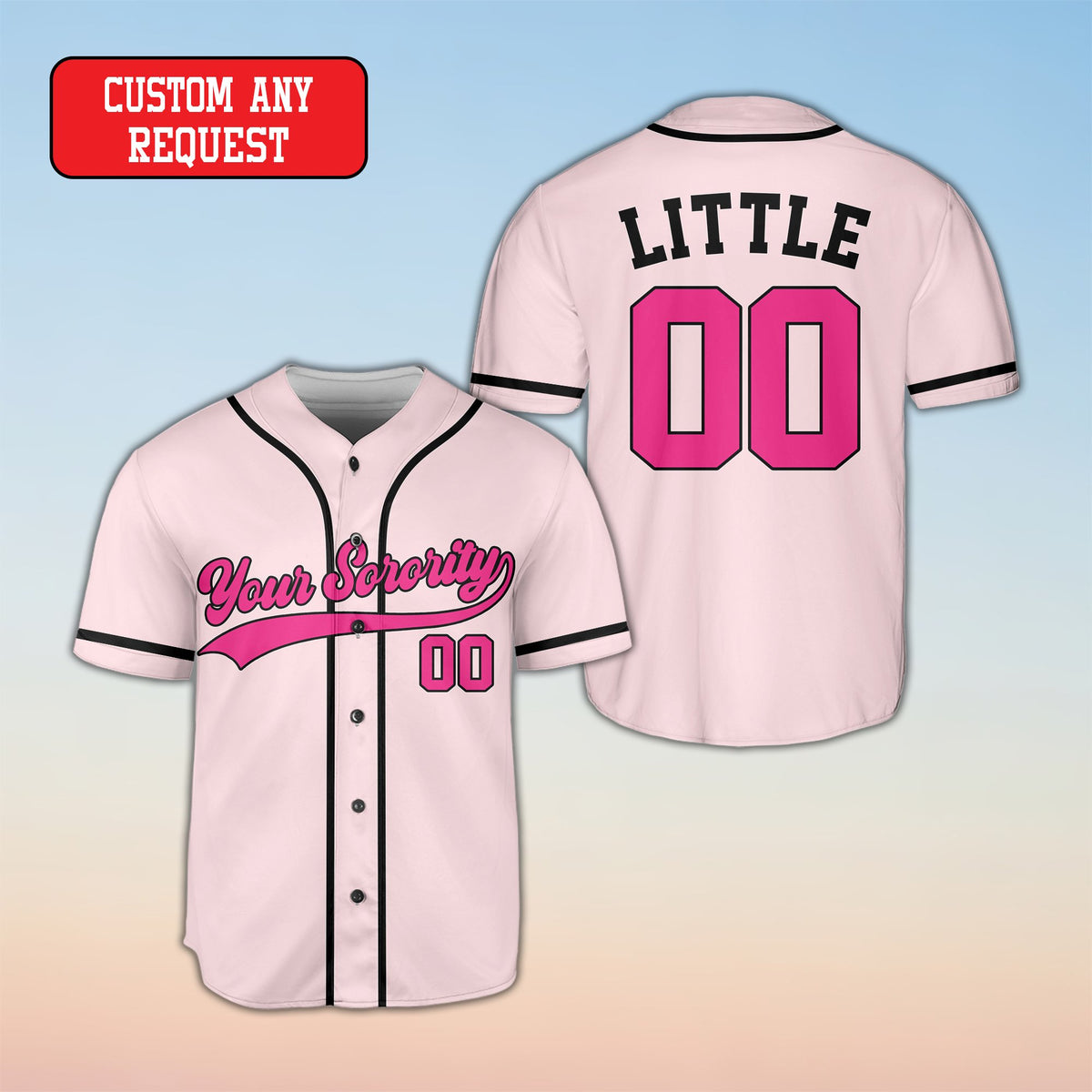 Pink sorority baseball jersey featuring custom name and number