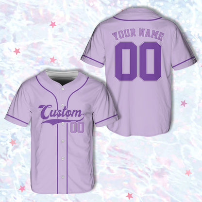 Purple custom name and number baseball jersey in sorority theme