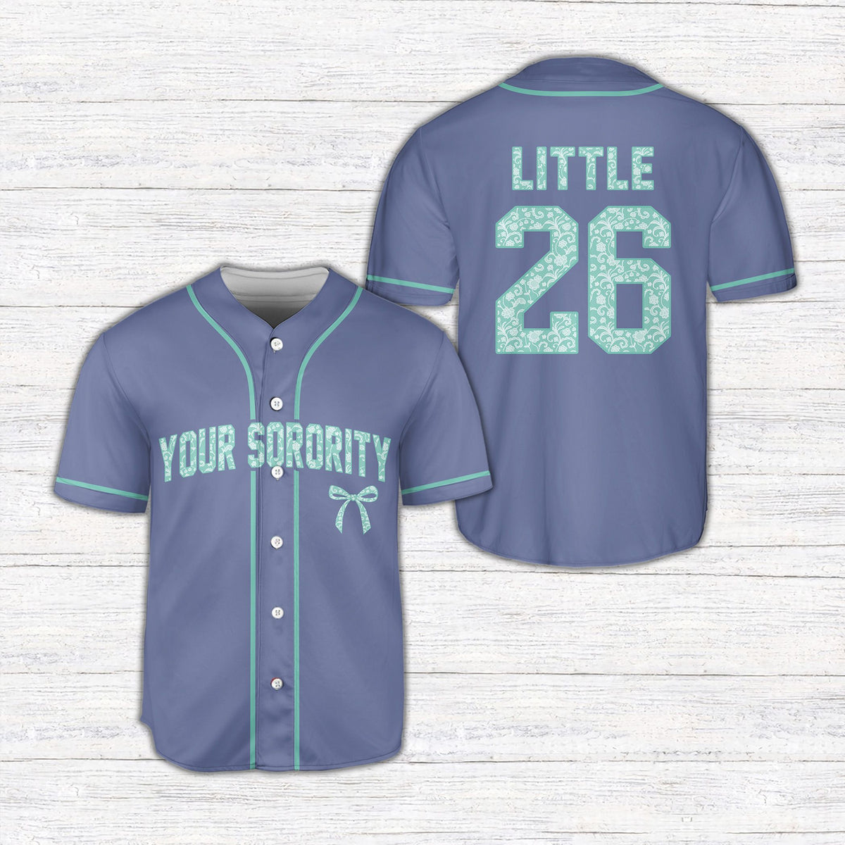 Purple personalized sorority baseball jersey with custom name and number, front view