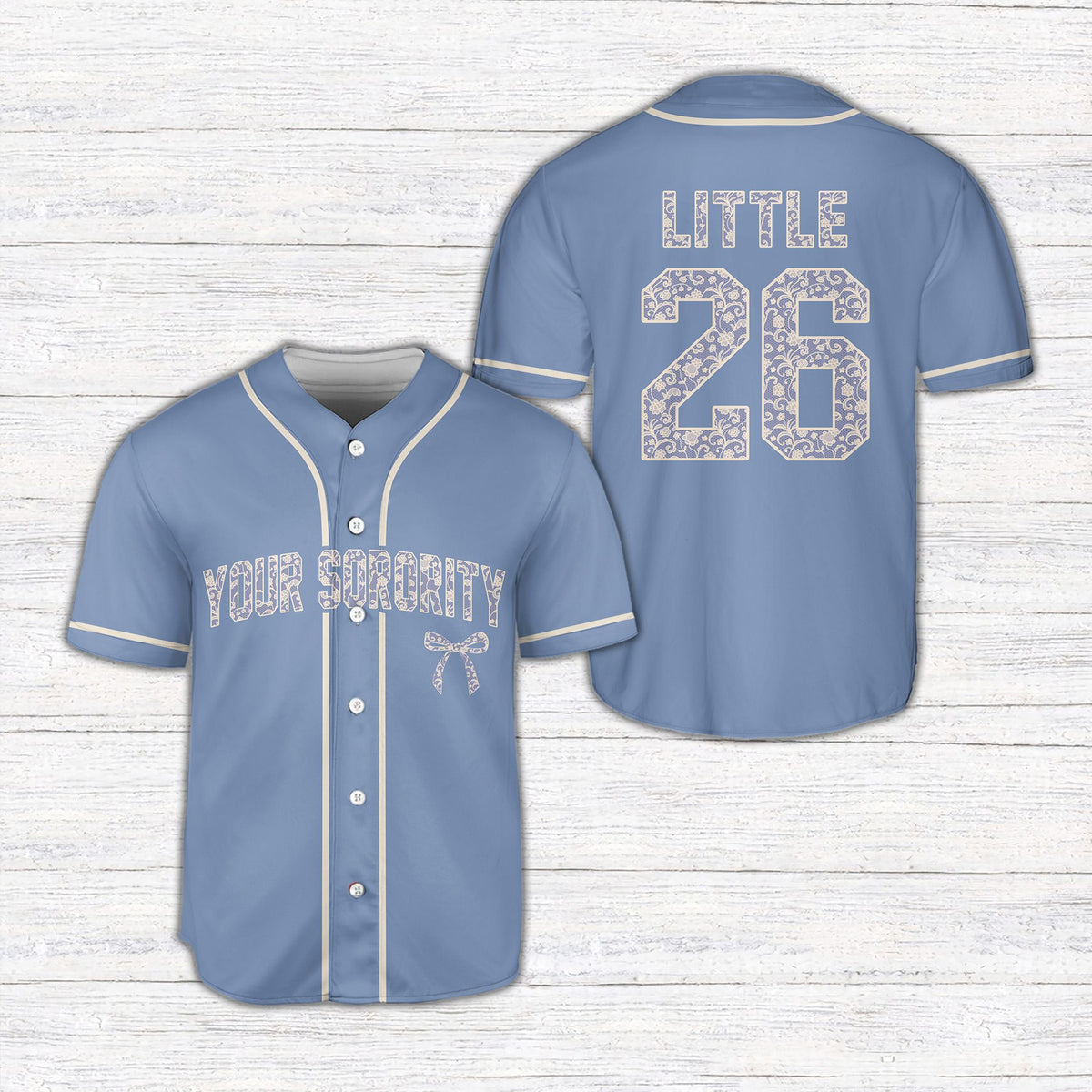 Teal personalized sorority baseball jersey with custom name and number, front view