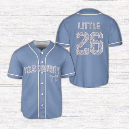 Teal personalized sorority baseball jersey with custom name and number, front view