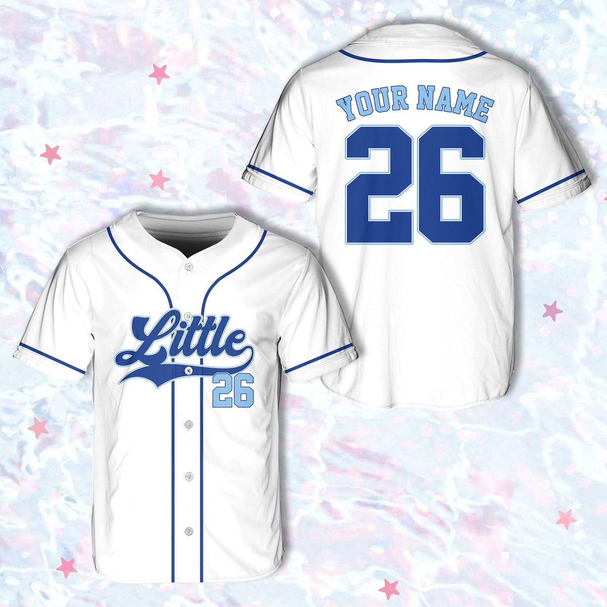 White sorority baseball jersey featuring custom name and number on the back, and script lettering on the front