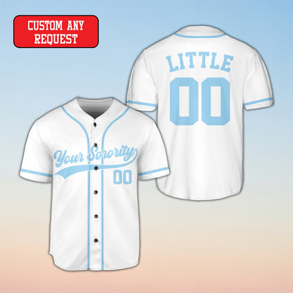 White sorority baseball jersey with custom name and number front design