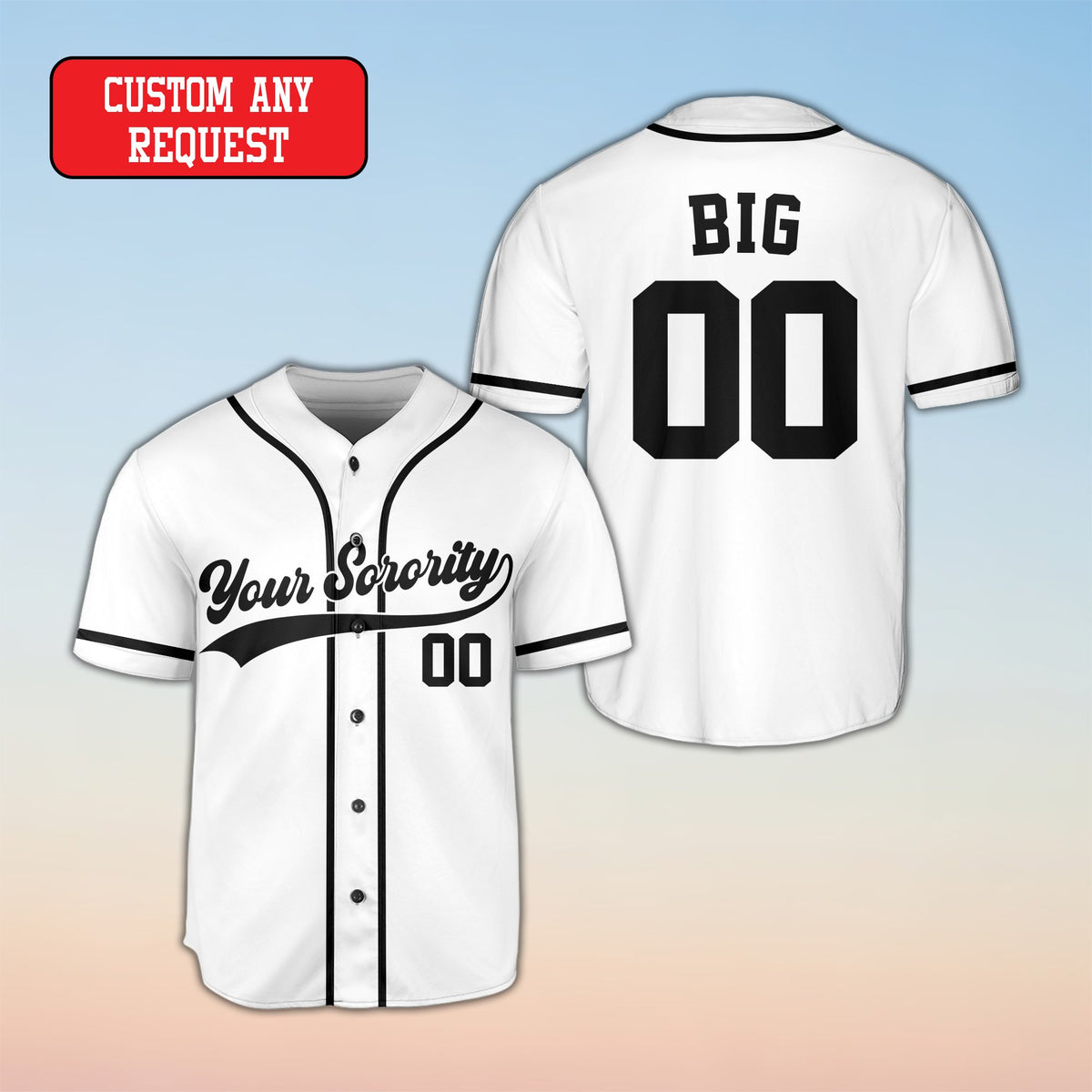 White custom baseball jersey featuring sorority cursive text