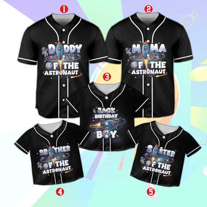 Black space astronaut birthday baseball jersey with custom galaxy name and number, front view