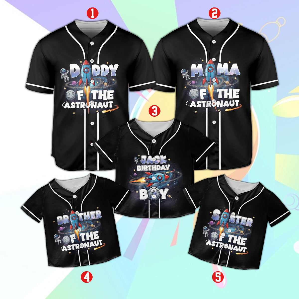 Black space astronaut baseball jersey showing Daddy family role, front view