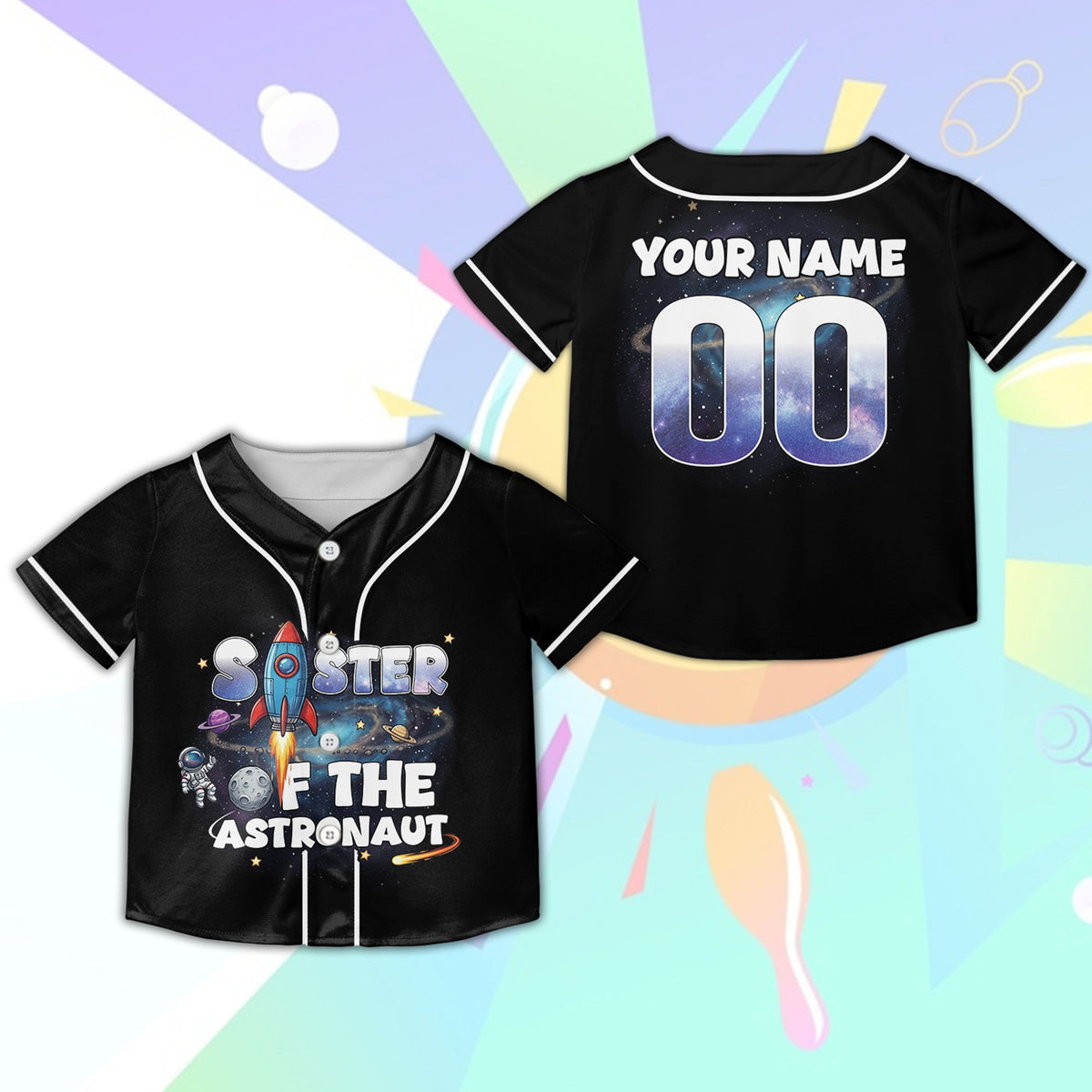 Black space astronaut baseball jersey showing Brother family role, front view