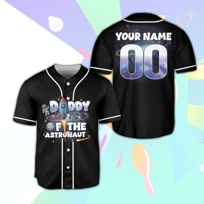 Black space astronaut baseball jersey showing Birthday Boy role, front view