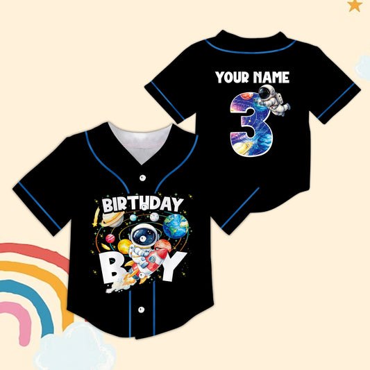 Personalized black space baseball jersey with custom name and number, main view