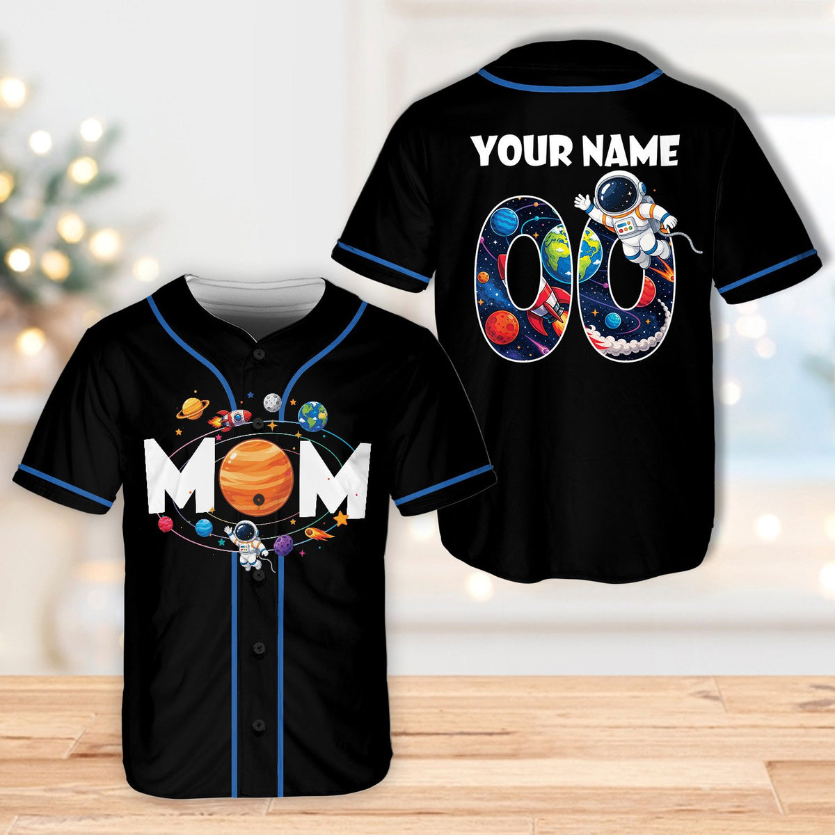 Black space baseball jersey with custom name and family title, front view