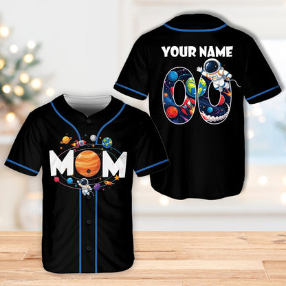 Black space baseball jersey with custom name and family title, front view