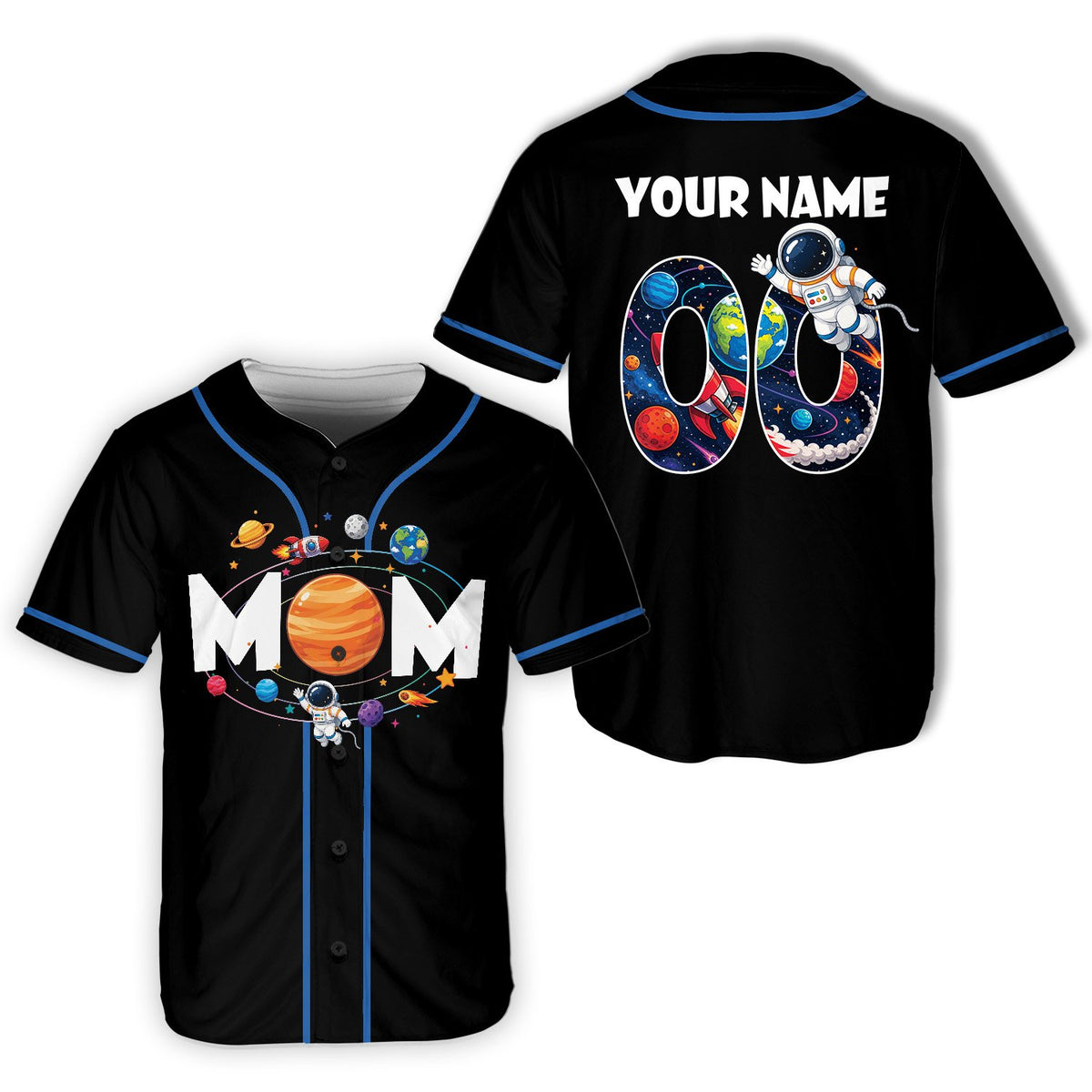 Close up of space birthday baseball jersey on a person