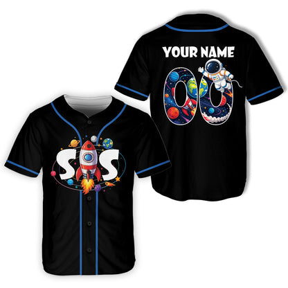 Person smiling while wearing the custom space baseball jersey