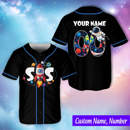 Casual lifestyle image of the black space birthday baseball jersey