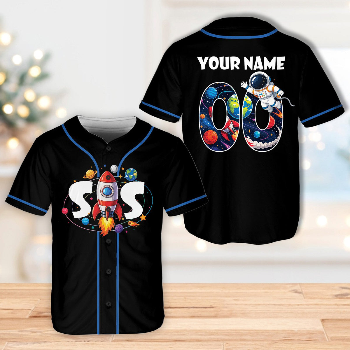Person wearing personalized black space baseball jersey outdoors