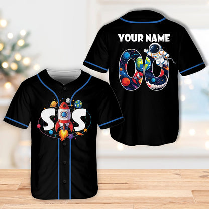 Person wearing personalized black space baseball jersey outdoors