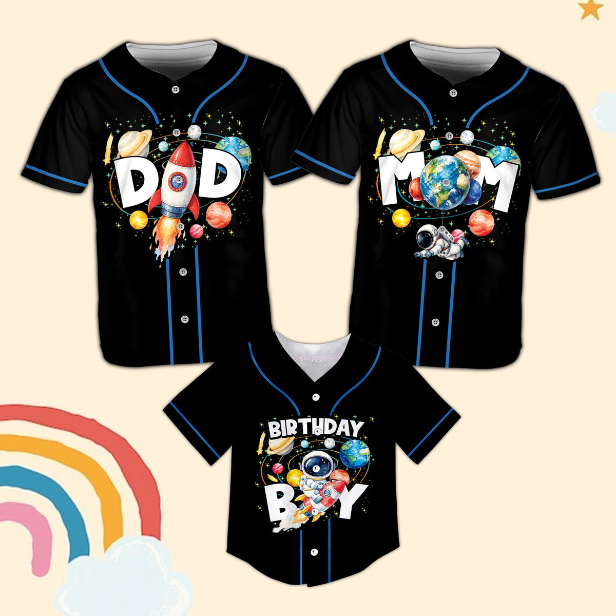 Custom family space birthday baseball jersey, front view 2