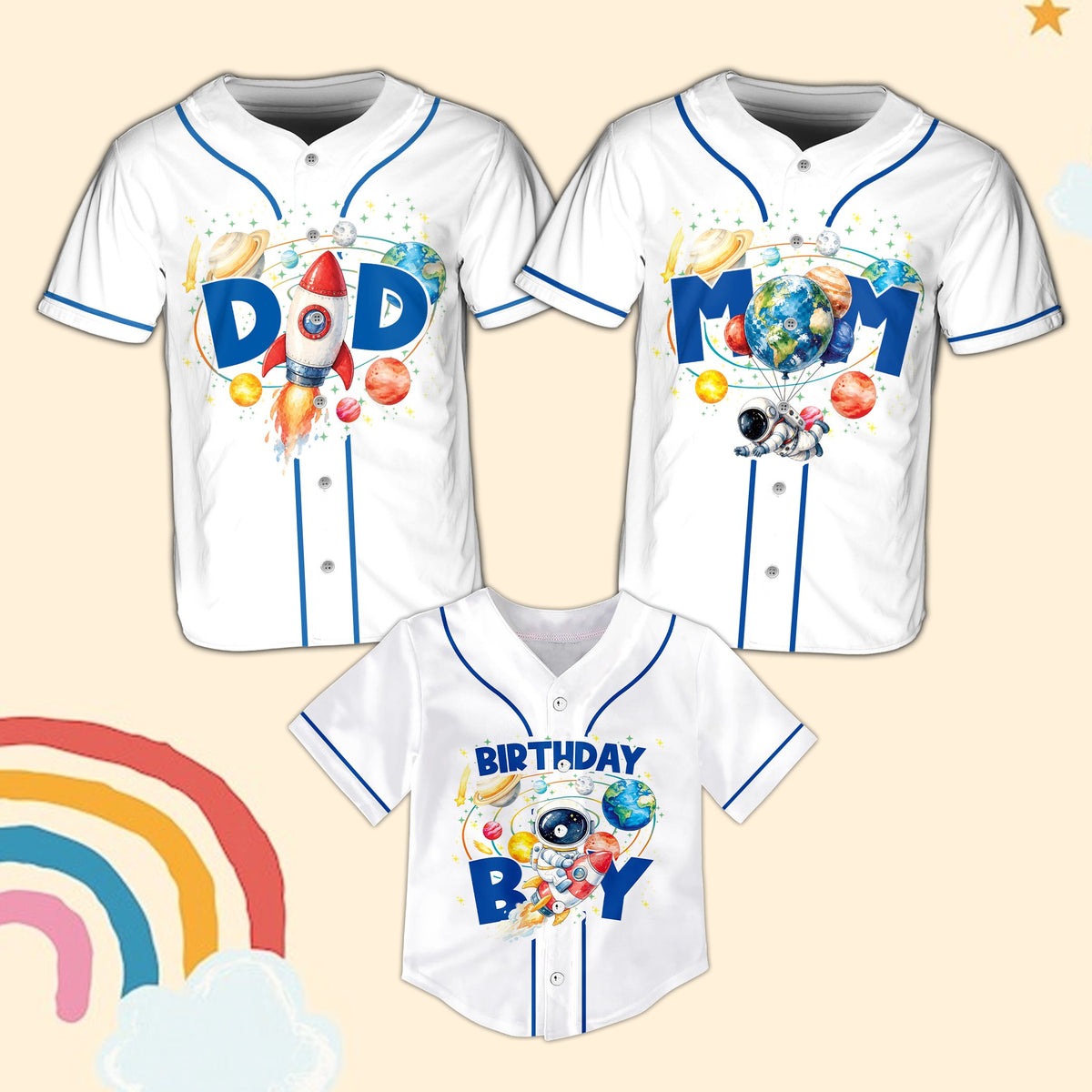 Personalized space themed baseball jersey for birthday, front view 3
