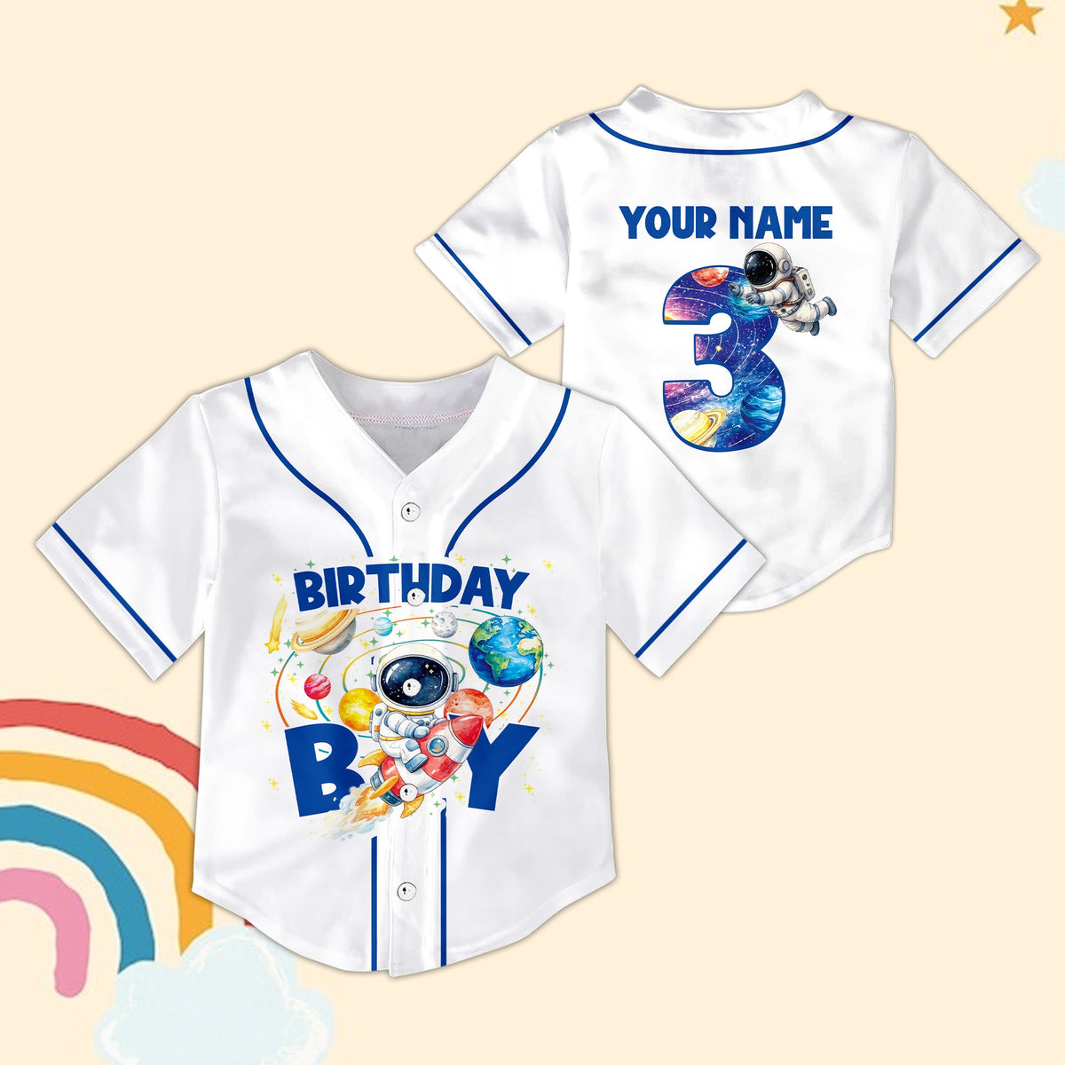 White space birthday baseball jersey with astronaut graphic, front view