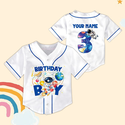 White space birthday baseball jersey with astronaut graphic, front view