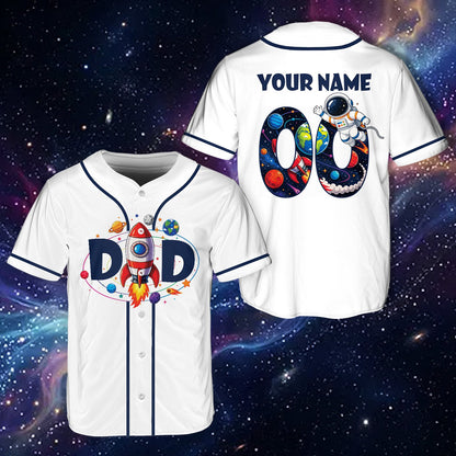 Personalized white space baseball jersey with custom name and number featuring astronaut graphics, front view