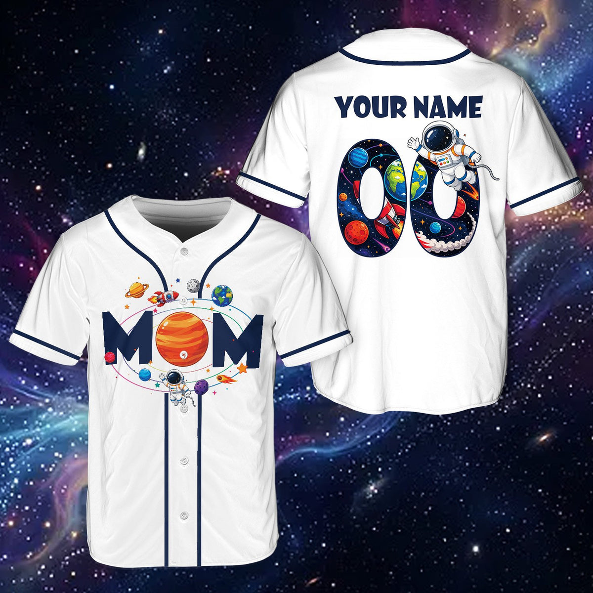 Close-up lifestyle view of the custom white space baseball jersey