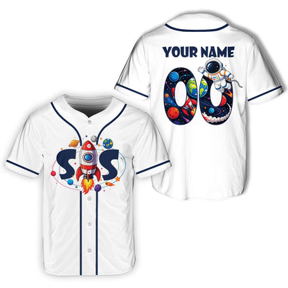 Another lifestyle view showcasing the space birthday baseball jersey fit
